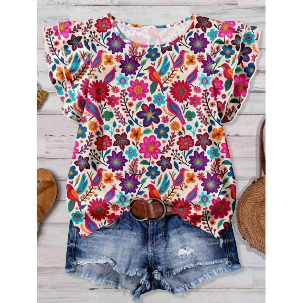 NEW ROSA CLOTHING women's western vintage floral ruffle sleeve top in multi